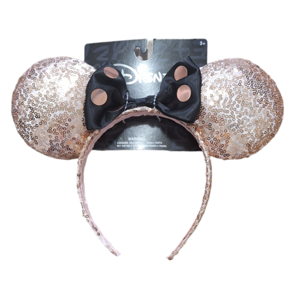 NEW Aldi Disney Minnie Ears, Rose Gold Sequins Black Bow w/ Rose Gold Polka Dots